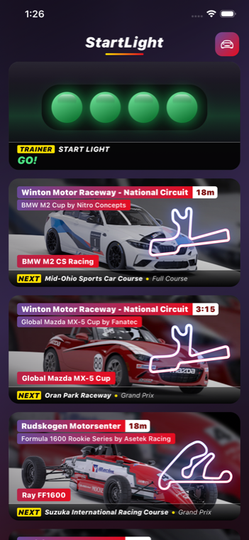 The Startlight app showing the start-lights game and a list of iRacing series with track maps and session timers
