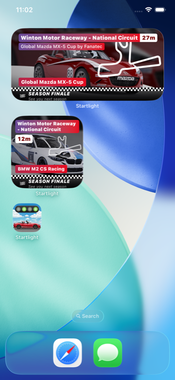 Two Startlight widgets stacked on an iPhone Home Screen, each showing a track, car, and session timer