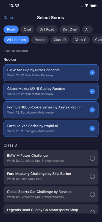 The Select Series screen with category and license filters and a checkable list of series