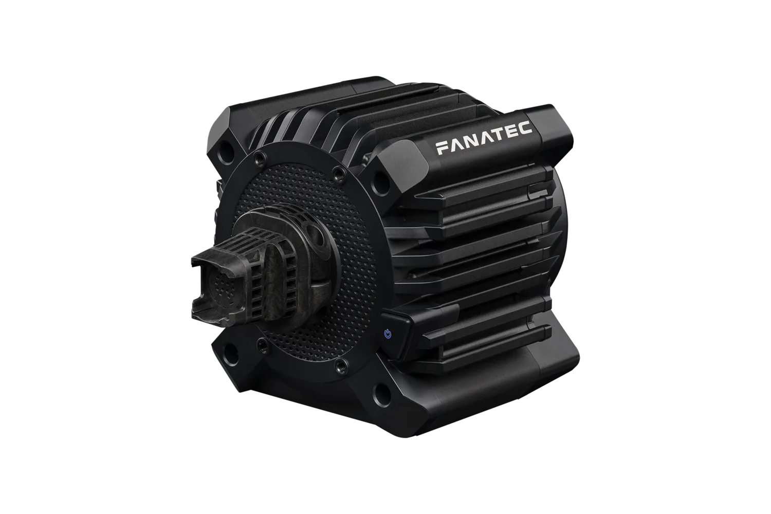 Fanatec GT DD Pro wheel base, front three-quarter view showing the QR2 quick release on the motor shaft