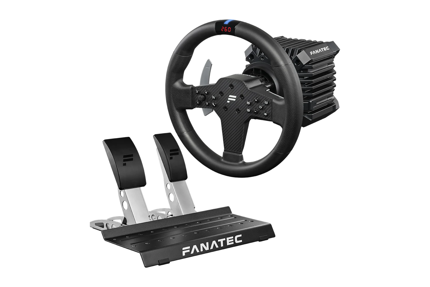 Fanatec CSL DD QR2 Ready2Race Bundle: a CSL DD wheel base with a round rim and an on-rim display mounted on its shaft, beside a two-pedal CSL Pedals set on a black pedal plate