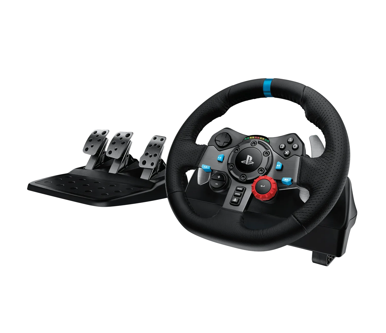 Logitech G29 racing wheel and three-pedal set, the PlayStation configuration of the Driving Force line, three-quarter product view