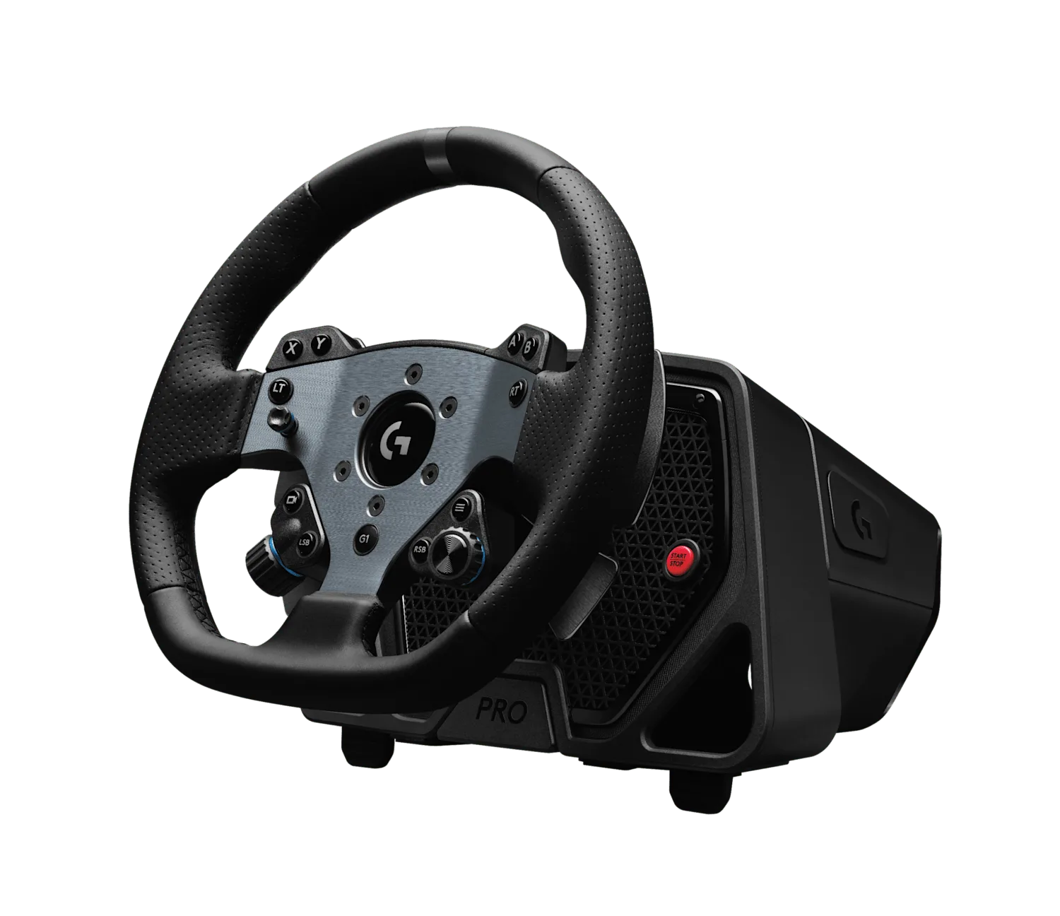 Logitech G PRO Racing Wheel, the PC configuration: a black perforated-leather round rim on a gray anodized faceplate carrying a Logitech G logo, mounted on the black PRO wheel base with a red START/STOP button and two clamp feet, three-quarter front right view