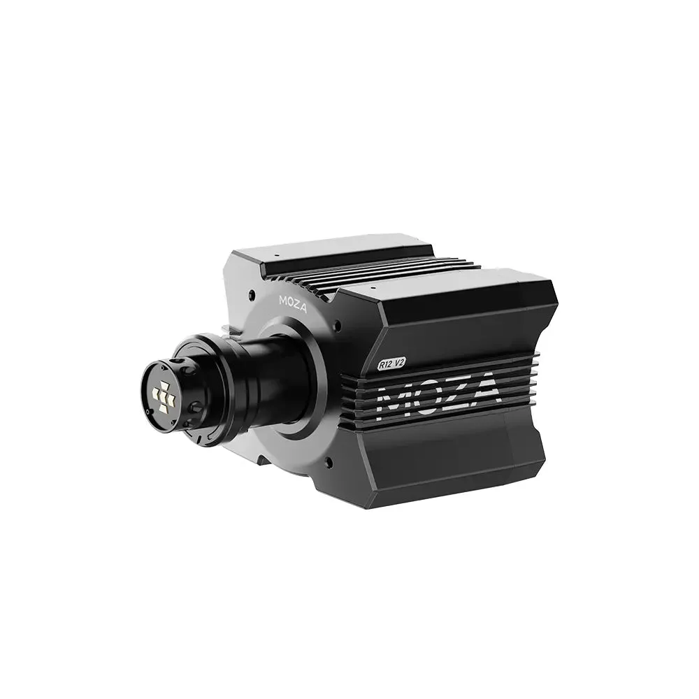 Moza R12 direct-drive wheel base, product view showing the compact integrated housing and quick-release shaft