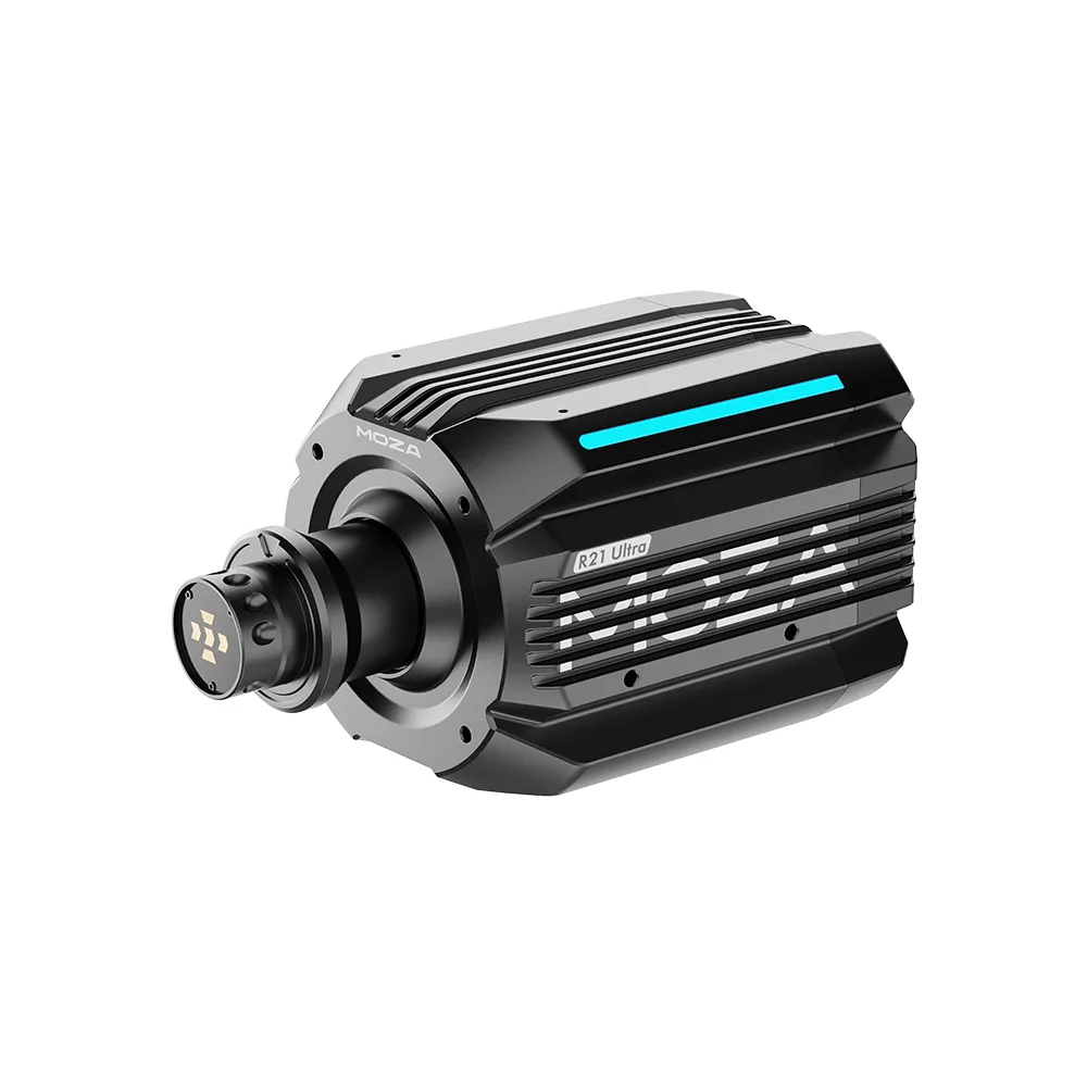Moza R21 Ultra direct-drive wheel base, three-quarter view of the finned black housing with a lit RGB strip and the quick-release shaft