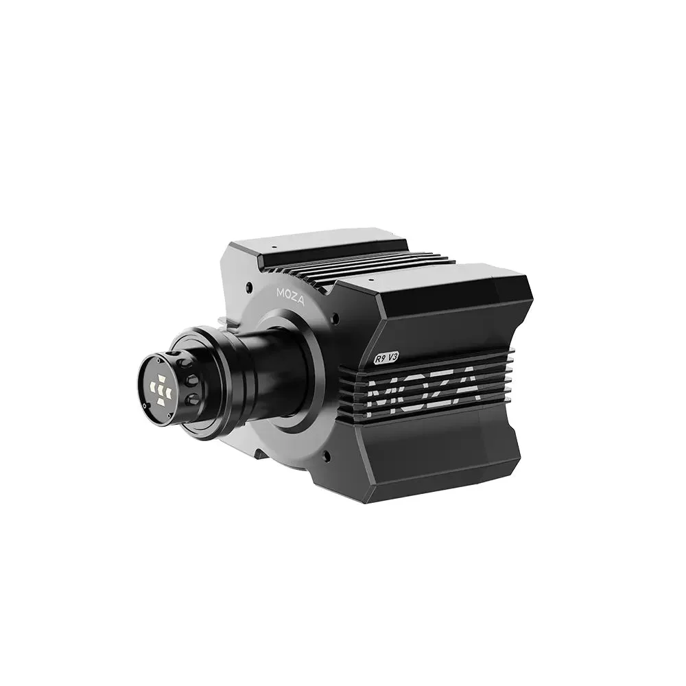 Moza R9 V3 direct-drive wheel base, product view showing the finned housing and quick-release shaft