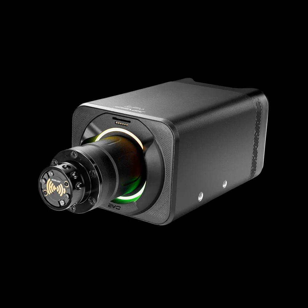 Simagic Alpha EVO Pro direct-drive wheel base, three-quarter view of the black die-cast aluminum housing with cooling vents along the flank, the illuminated RGB ring around the shaft, and the wireless-power contacts on the mounting flange