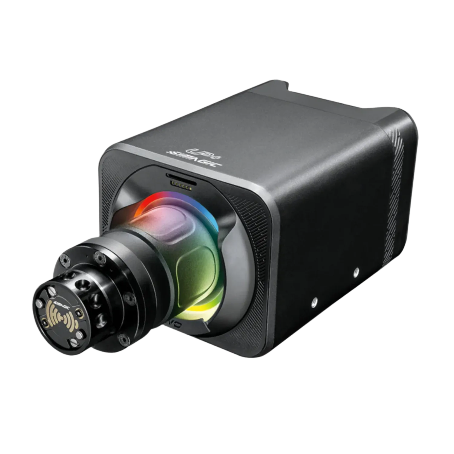 Simagic Alpha EVO Sport direct-drive wheel base, front three-quarter view showing the QR2 quick release and RGB ring light