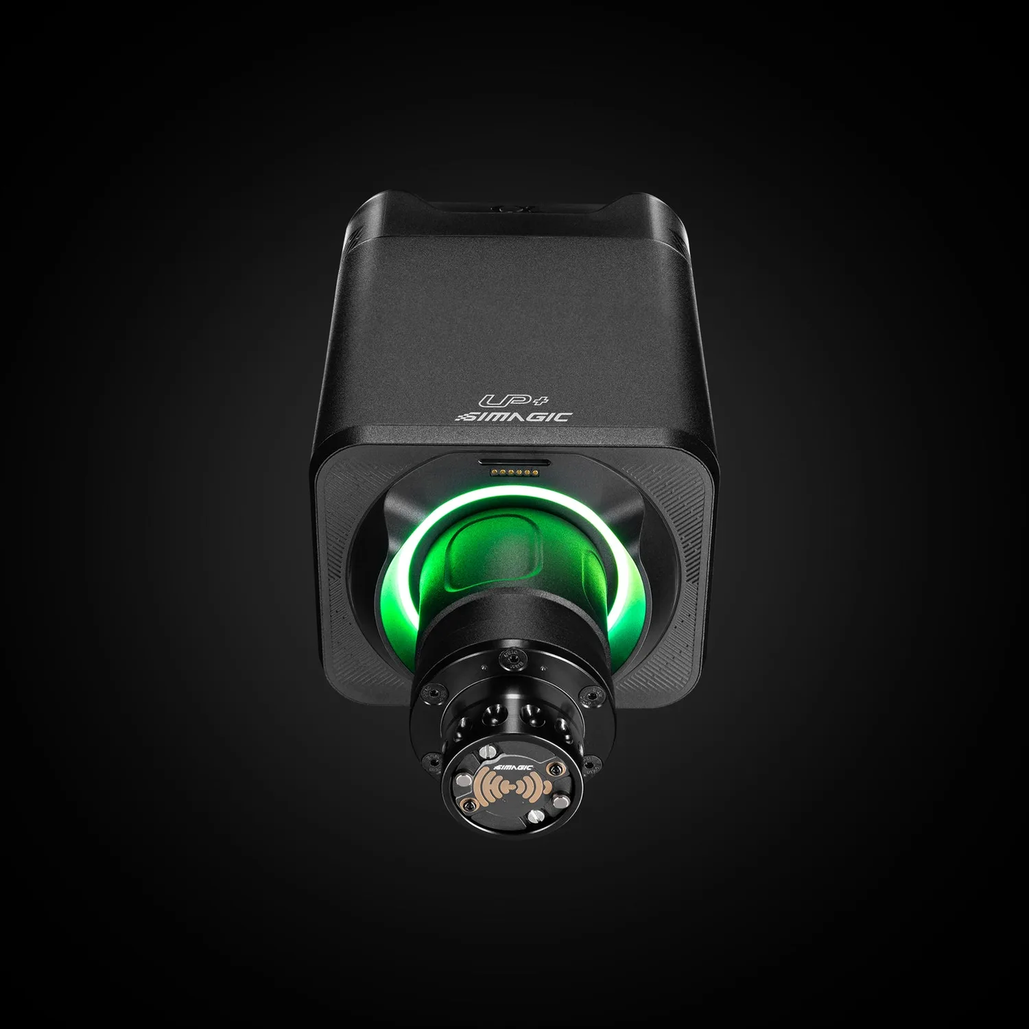 Simagic Alpha EVO direct-drive wheel base, front view showing the QR2 quick release and RGB ring light