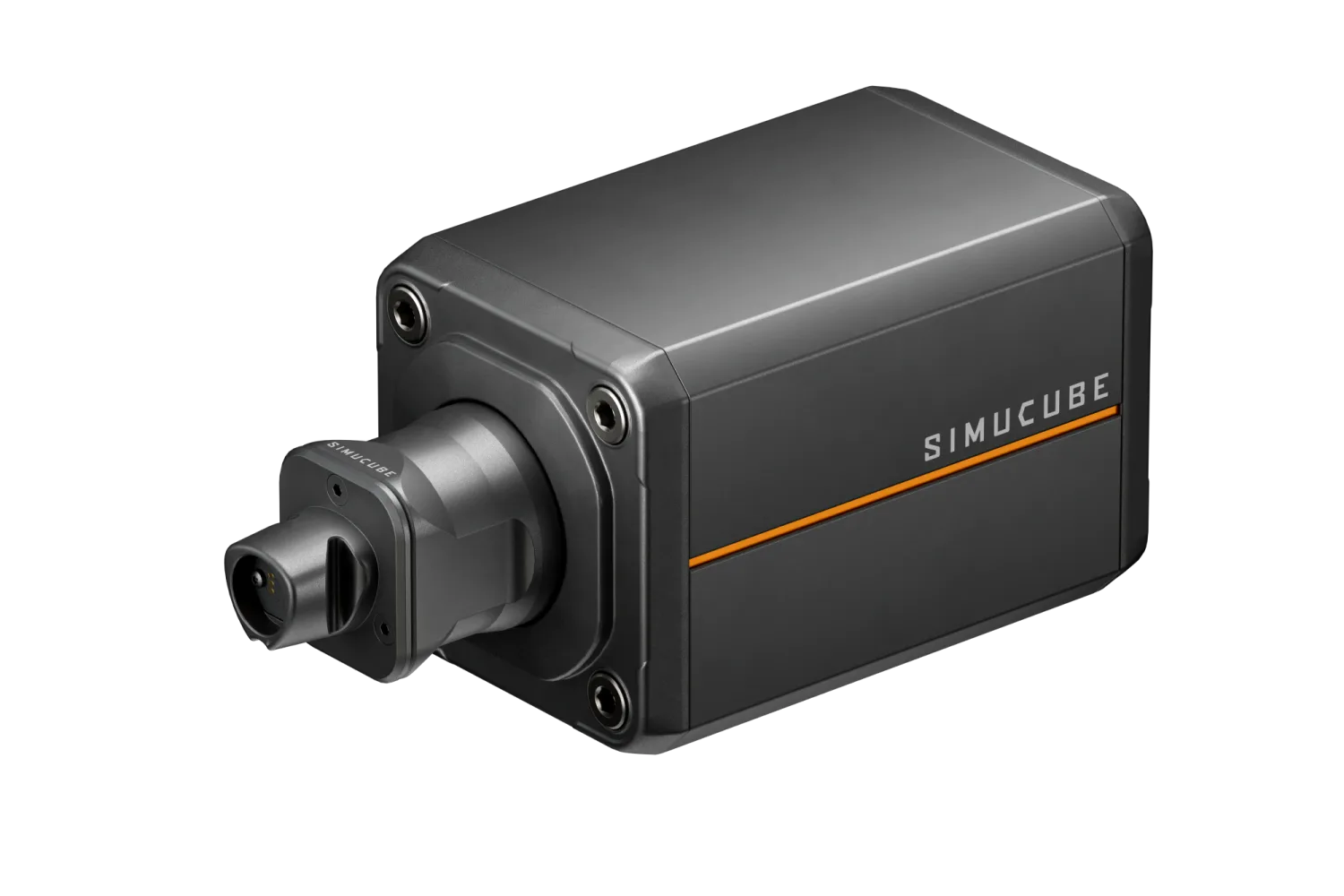 Simucube 3 Pro direct-drive wheel base, three-quarter view of the dark gray aluminum housing with the SIMUCUBE wordmark and an orange stripe along the flank, four bolt heads on the front face, and the Link Quick Release fitted to the shaft