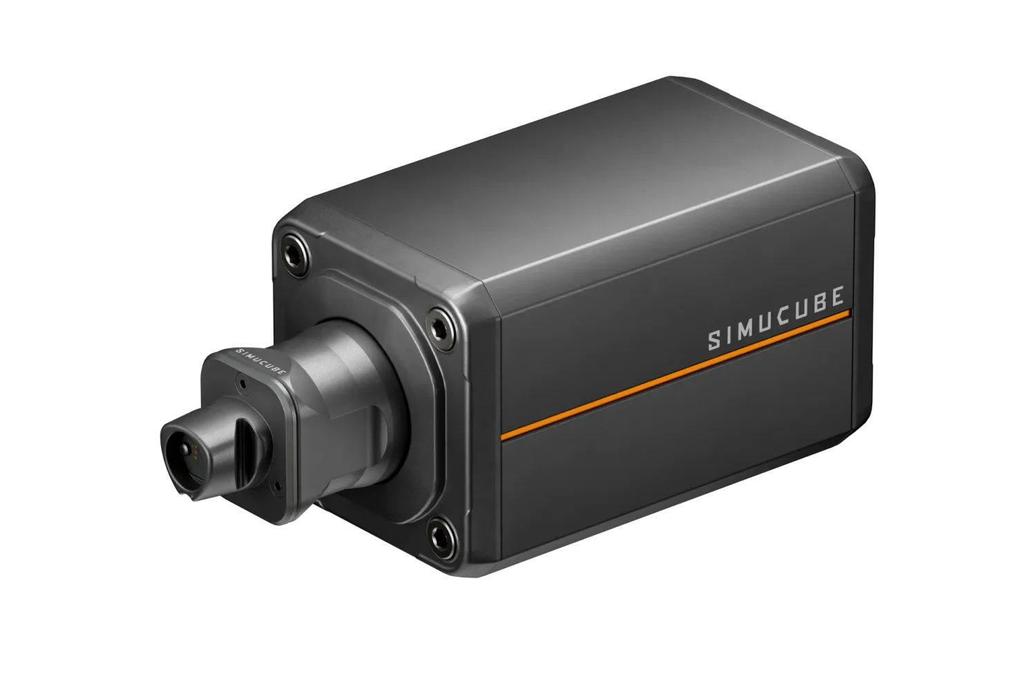 Simucube 3 Ultimate direct-drive wheel base, three-quarter view of the dark gray aluminum housing with the SIMUCUBE wordmark and an orange stripe below it, three socket-head bolts visible around the front flange, and the Link Quick Release fitted to the shaft