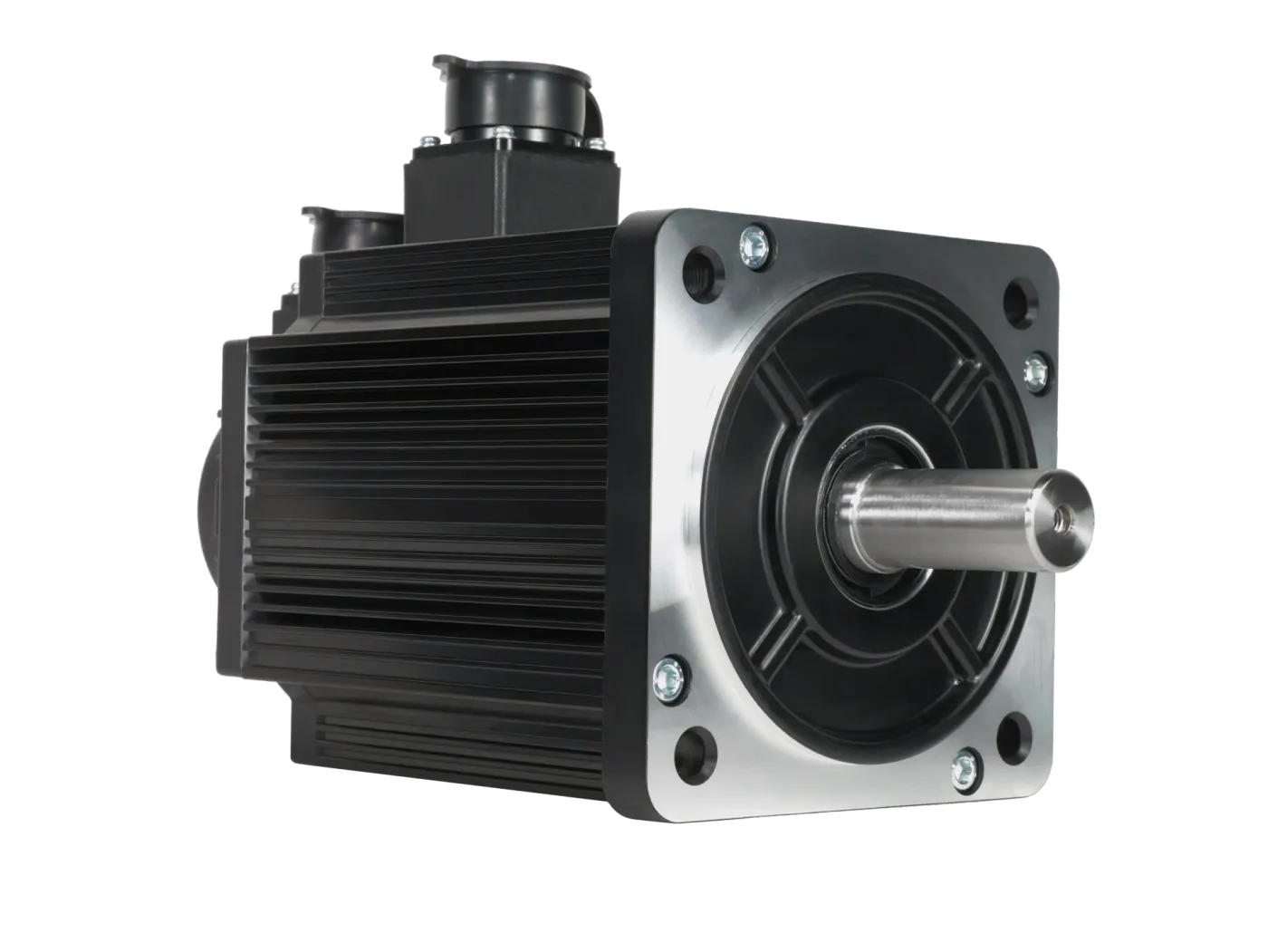 VRS uDFP20 direct-drive wheel base, three-quarter view of the finned black MiGE motor with its square front flange, four corner bolt holes, and the bare output shaft