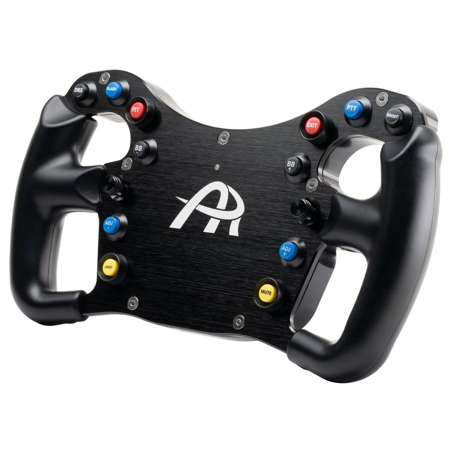 Ascher Racing F28-SC V2 formula sim racing wheel, three-quarter front view showing the brushed aluminum face plate, push buttons, joysticks, and shift paddles