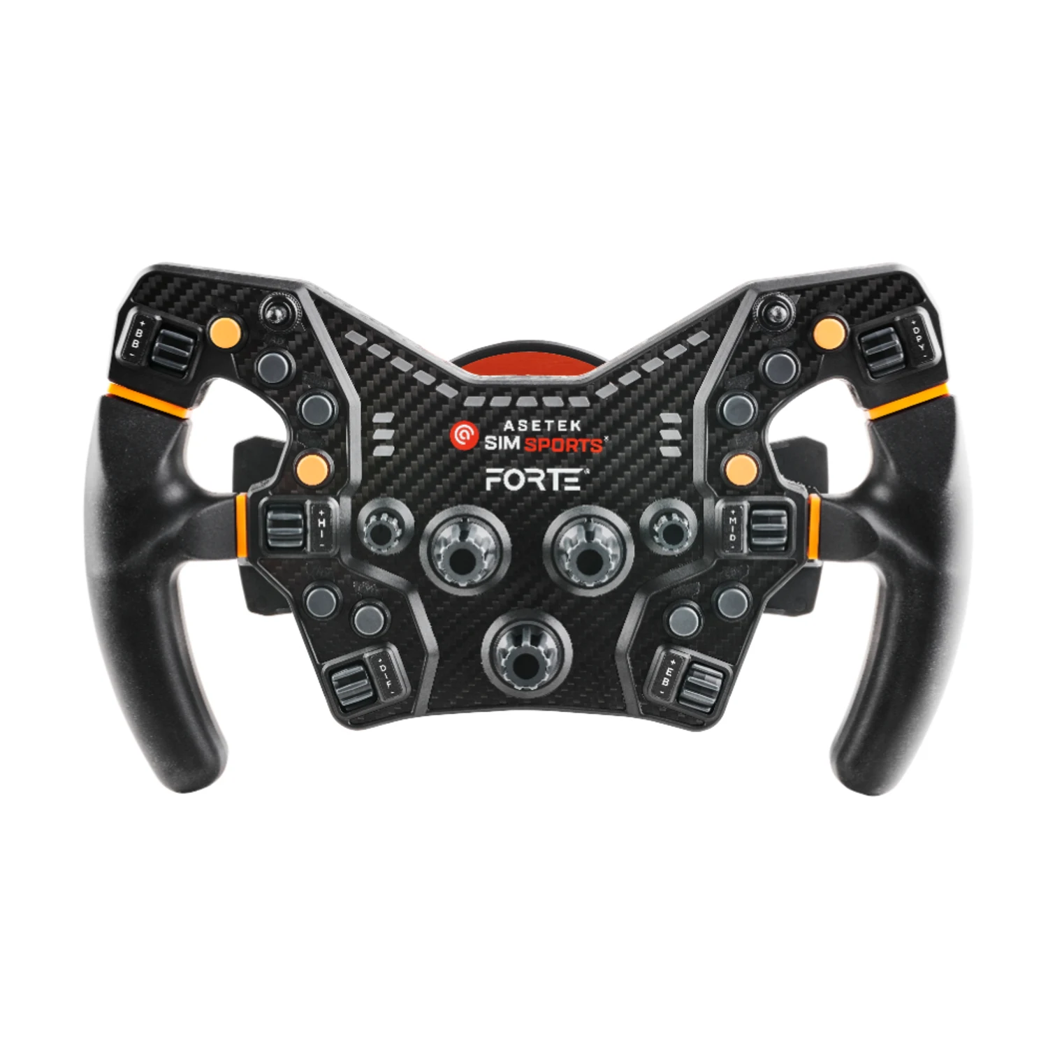 Asetek Forte Formula Steering Wheel seen head-on: a woven carbon faceplate in a formula shape with two black molded handles bolted to it, orange trim strips where the handles meet the plate, twelve push buttons, four thumb encoders, three twelve-position rotaries, two seven-way switches with orange caps, and the Asetek SimSports and FORTE marks across the middle