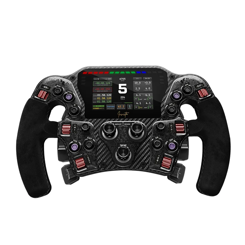 Asetek Invicta Formula Button Box seen head-on with black suede handles fitted, which Asetek sells separately: a forged-carbon front plate carrying a wide landscape color LCD showing gear 5, 204 km/h and lap deltas, a segmented rev-LED strip in red, green and blue above the screen, the Invicta signature script below it, red anodized toggle switches and purple and black rotary knobs at the upper corners, and three large knurled dials across the lower face labeled DEPLOY, REGEN and ENGINE