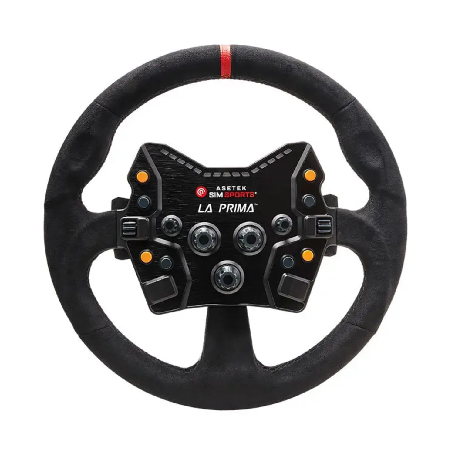 Asetek La Prima GT Button Box mounted in the Round Comfort+ suede rim, front view showing the funky switches, rotaries, and rev LED strip