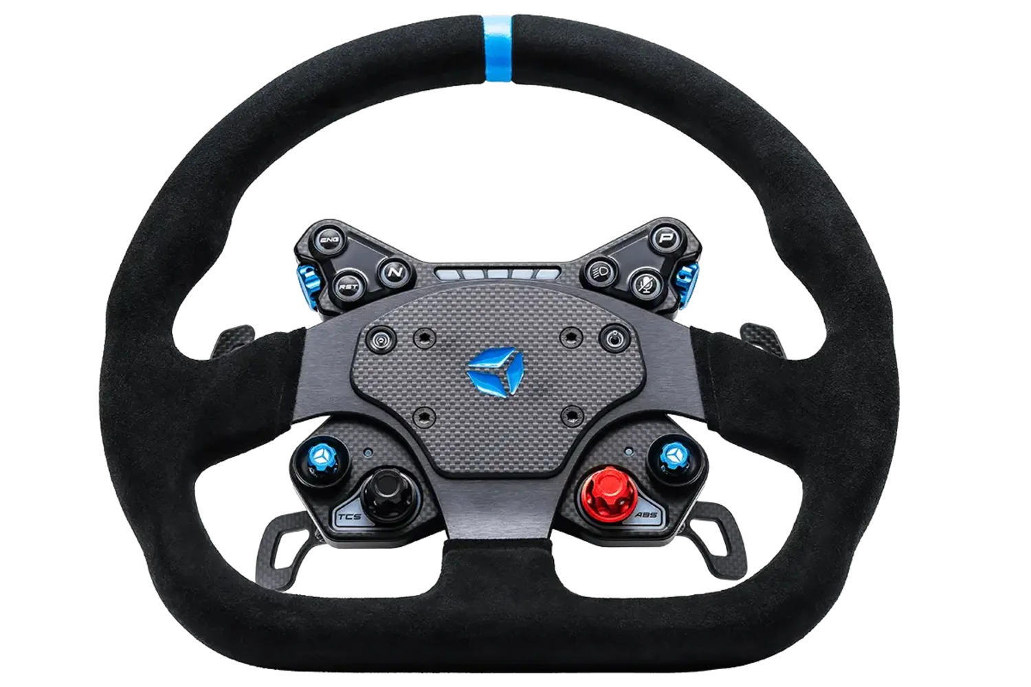 Cube Controls GT Pro V2 round GT steering wheel, three-quarter front view showing the carbon front plate, rotary encoders, and shift paddles