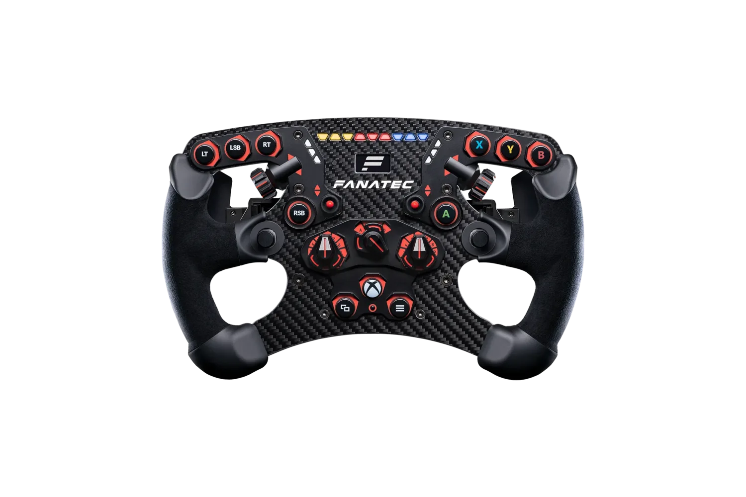 Fanatec ClubSport Steering Wheel Formula V2.5 X, front view of the carbon-fiber open-top formula rim with OLED dash, RevLEDs, rotary switches, and grip-mounted buttons