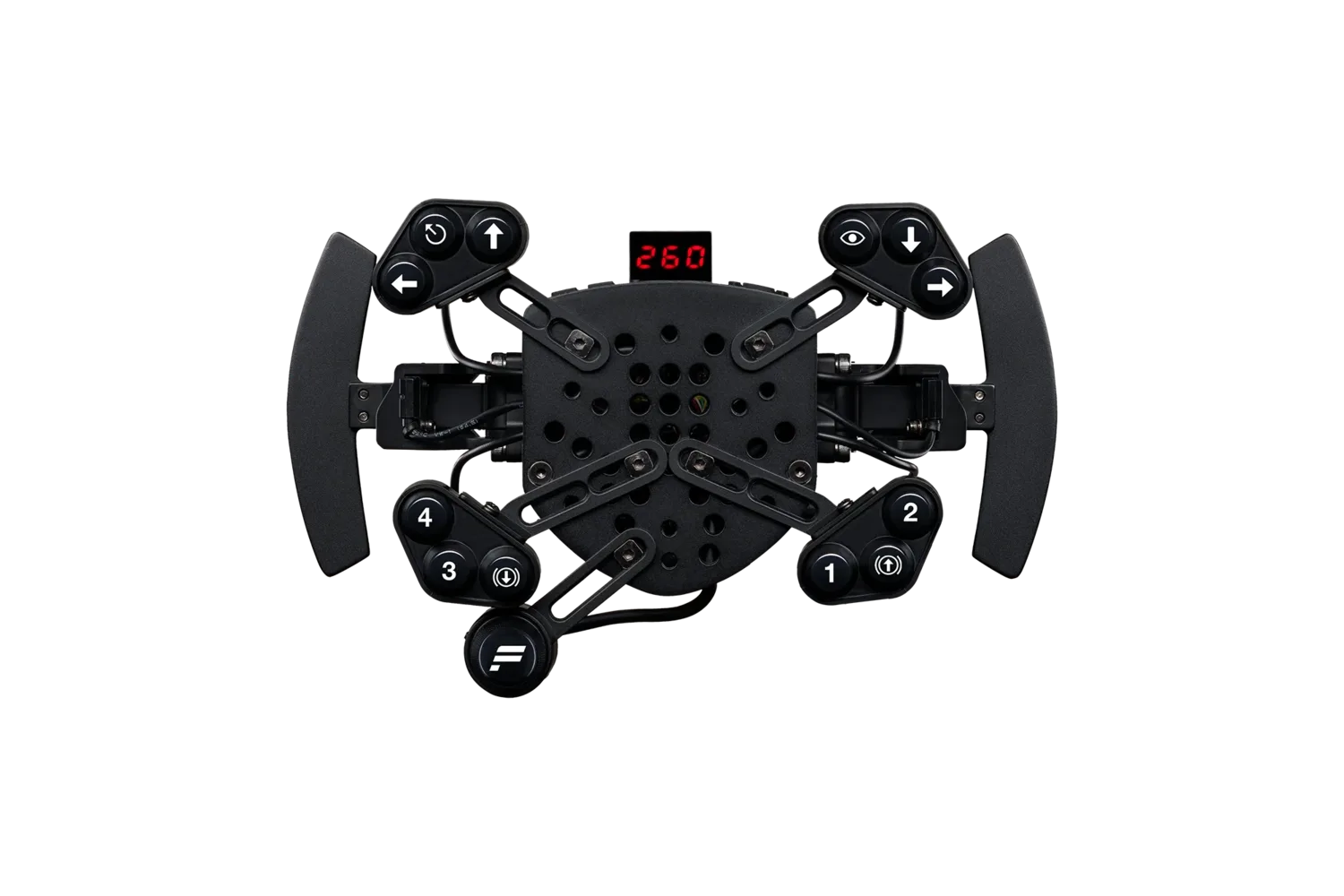 Fanatec ClubSport Universal Hub V2 with QR2, three-quarter render showing the magnetic paddle module, button clusters, and FunkySwitch