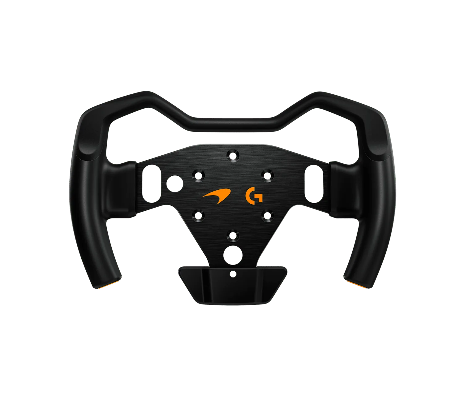Logitech G RS Formula Wheel McLaren Racing Edition, front-on view of the open-top formula rim: two black molded grips either side of a black aluminum center plate carrying the papaya McLaren speedmark and Logitech G logo, with bolt holes and slots across the plate and no buttons or paddles anywhere on it