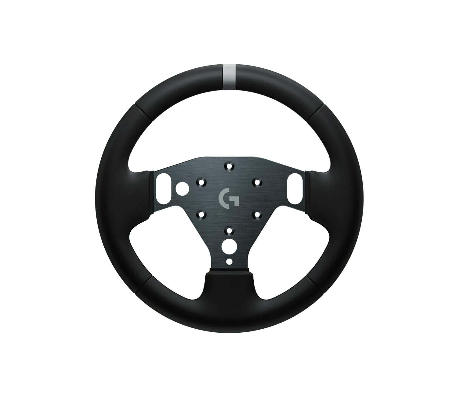 Logitech G RS Round Wheel, front-angle view of the 290mm round rim with silicone-leather wrap and a center cutout for the RS Wheel Hub