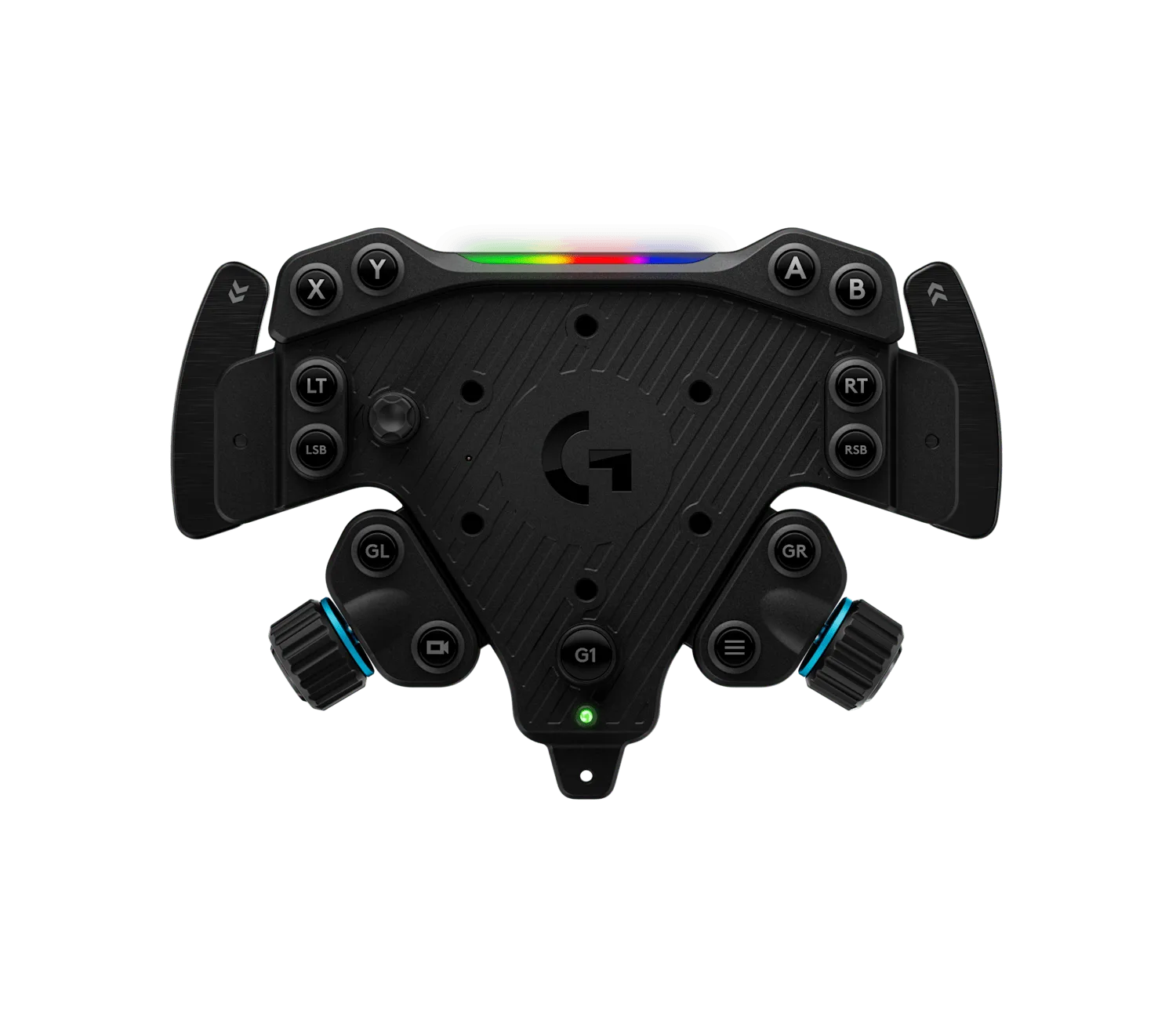 Logitech G RS Wheel Hub, front-angle view of the PC option showing the rev-light strip, the twin gear shifters, and the bare rim mount with no steering wheel on it