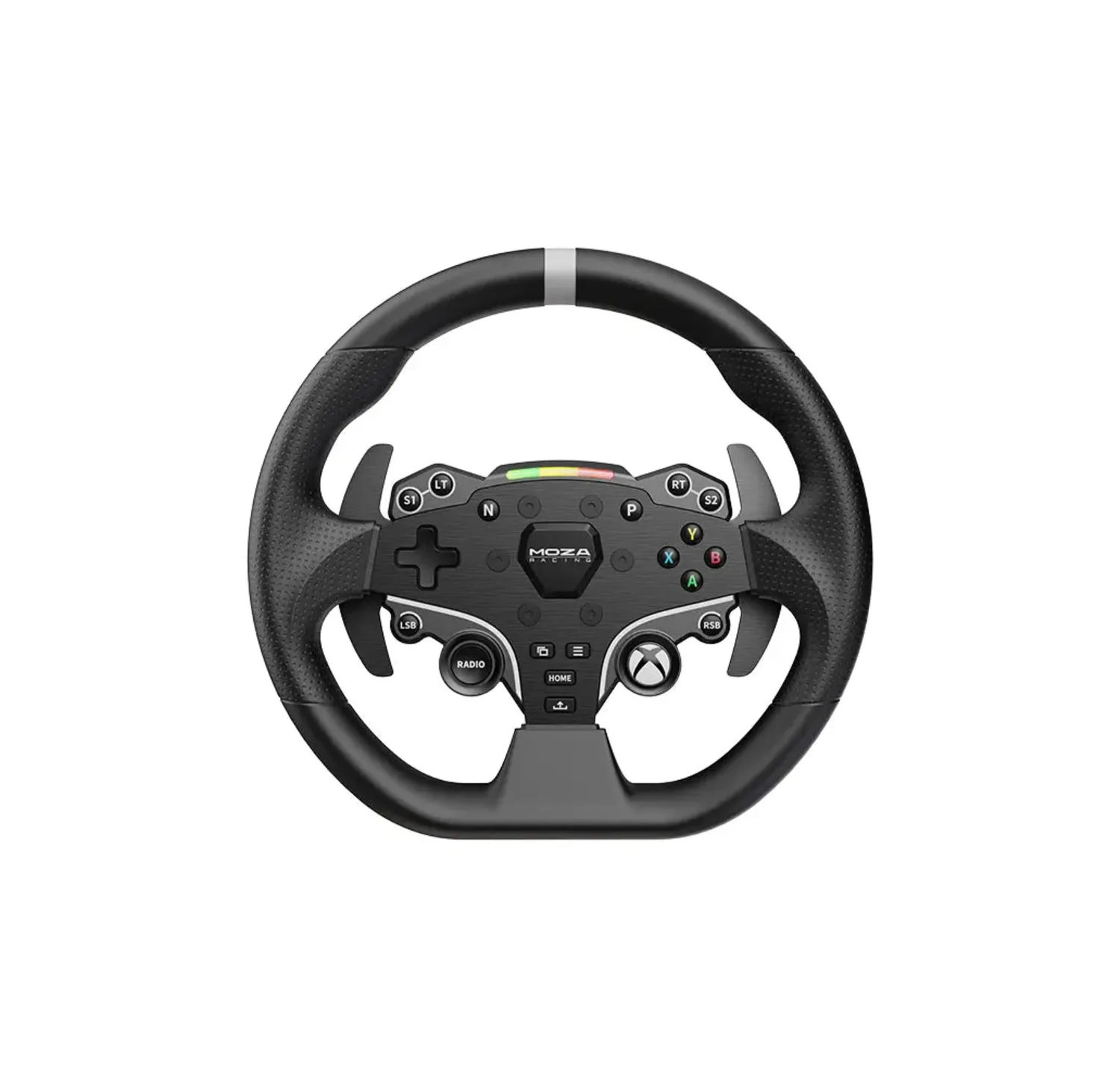 Moza ESX round steering wheel, front view showing the aluminum face plate, RGB RPM LED strip, and button cluster