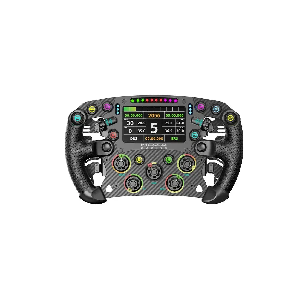 MOZA FSR2 Formula Wheel, front view showing the carbon fiber face, 4.3-inch touchscreen, buttons, and encoders
