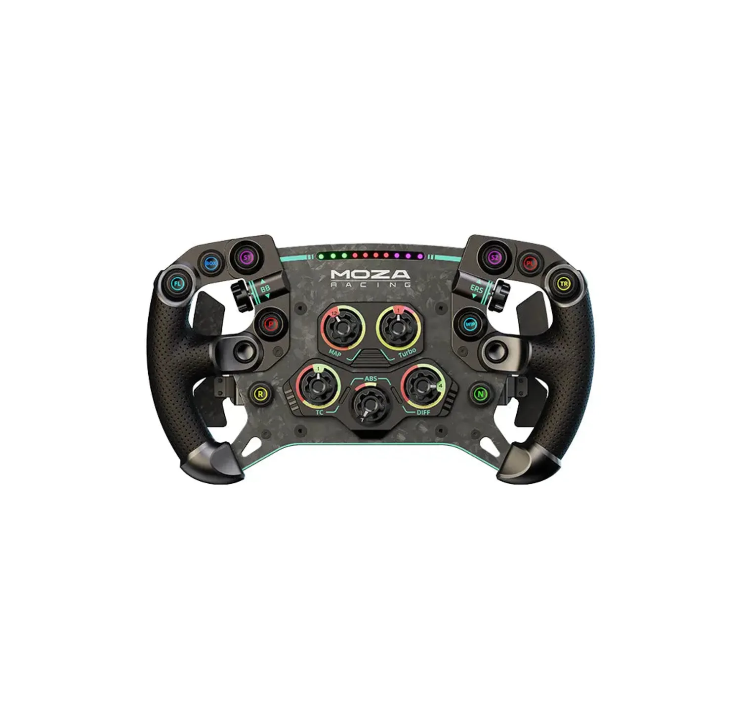 MOZA GS V2P GT Wheel, three-quarter front view of the forged carbon fiber rim with perforated microfiber leather grips and RGB buttons