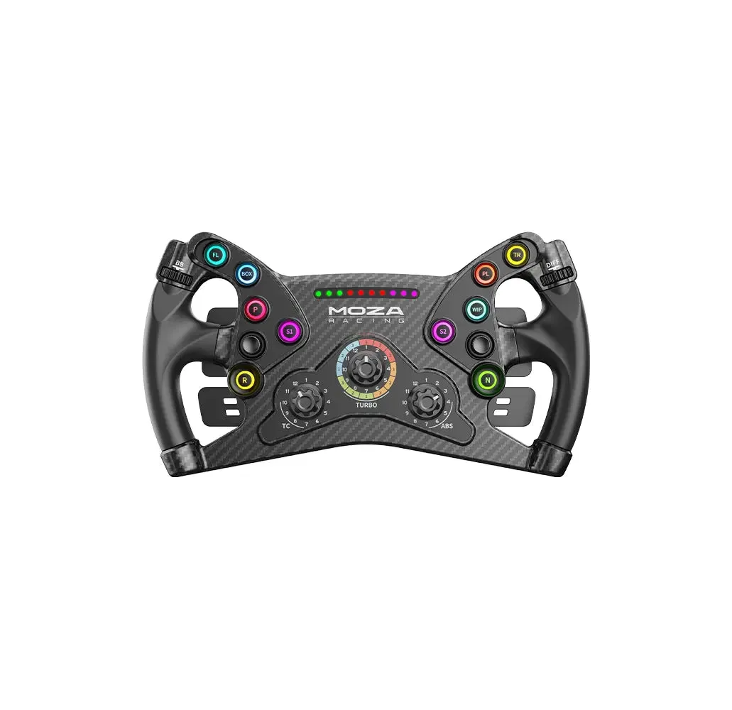 MOZA KS Steering Wheel, front-on view of the butterfly-shaped carbon-weave rim: two contoured black grips either side of a center plate carrying ten color-coded round buttons, a horizontal strip of small LEDs above the MOZA Racing logo, three numbered rotary dials across the lower face labeled TC, TURBO, and ABS, two plain black round knobs, and two thumb dials labeled BB and DIFF on the outer edges