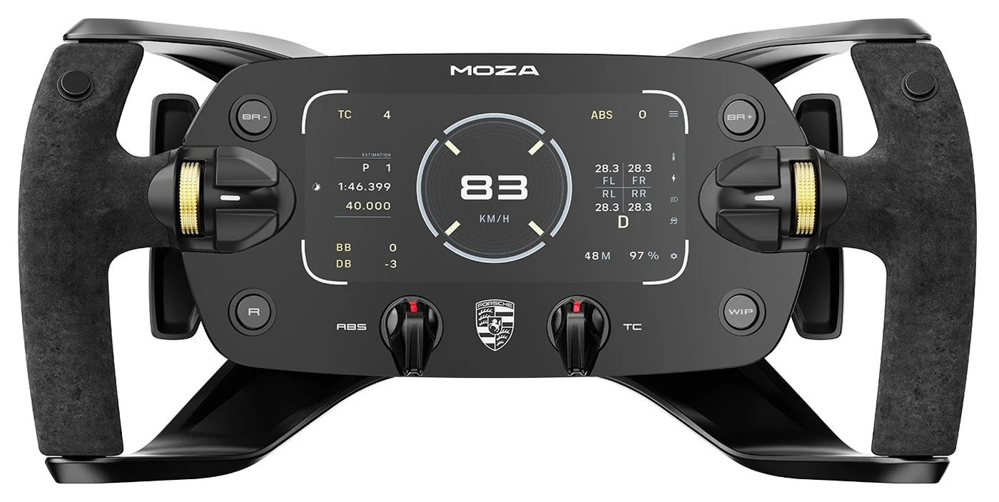 MOZA Porsche Mission R Steering Wheel, front-on: a wide dark center plate with the MOZA wordmark over a landscape display reading 83 KM/H beside tire temperatures, a lap estimate, and brake bias and diff values, a gold-ribbed thumb wheel each side, four round buttons labeled BR-, BR+, R, and WIP, two knurled rotary switches labeled ABS and TC flanking the Porsche crest, and two suede-wrapped grips on gloss black spokes with the rim open at the top and the bottom