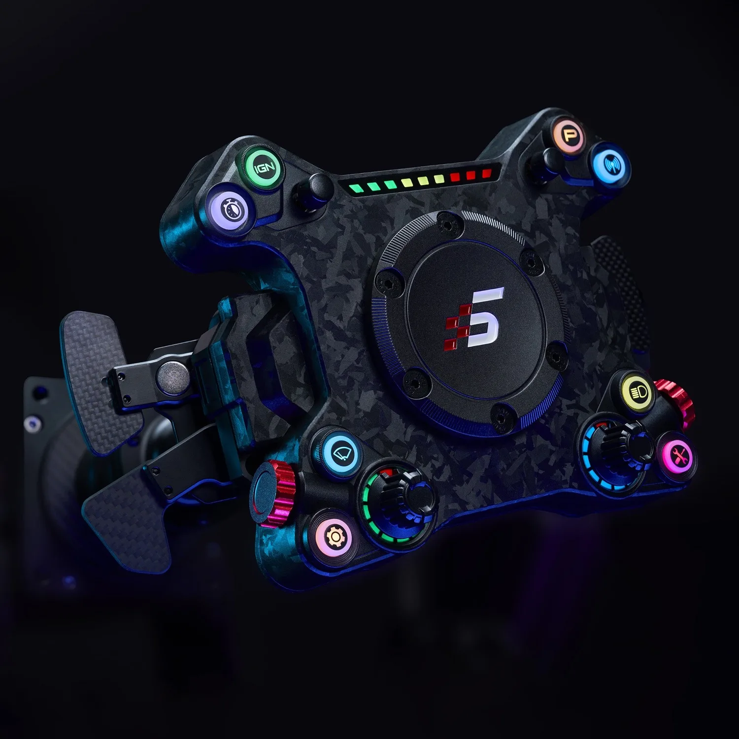 Simagic Neo X Hub seen from three-quarters above, lit blue: a forged-carbon X-shaped faceplate with a round central cap carrying the Simagic logo, eight round backlit buttons in RGB colors around it, two knurled red-collared encoders, a rev-light strip across the top edge, and a carbon paddle module fitted behind it that is a separate purchase