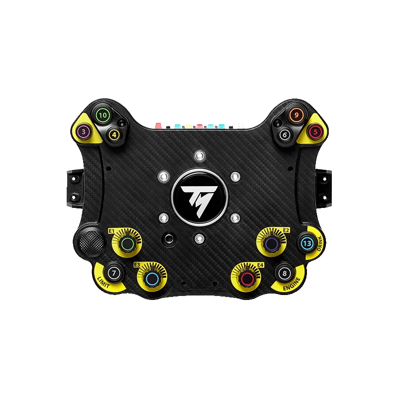 Thrustmaster EVO Racing Hub, front-on view of the bare hub with its carbon-look faceplate, numbered thumb buttons, four yellow-collared rotary encoders, and an empty rim mount with no steering wheel on it